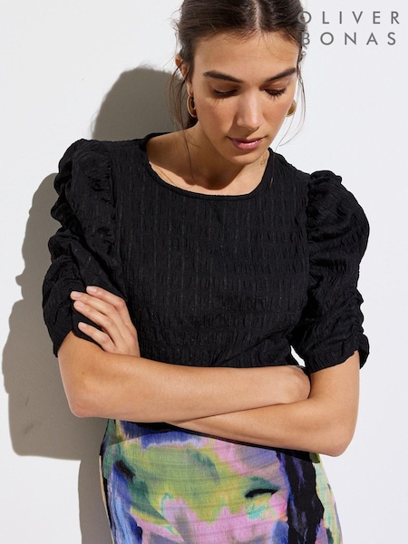 Oliver Bonas Black Textured Puff Sleeve Top (AJ7731) | €21.50