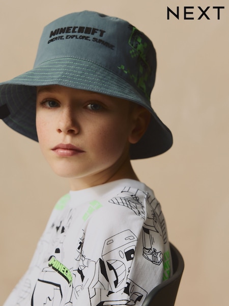 Grå/Grønn - Minecraft Bucket 100% Cotton Hat (3-16yrs) (AJ7922) | kr184 - kr234