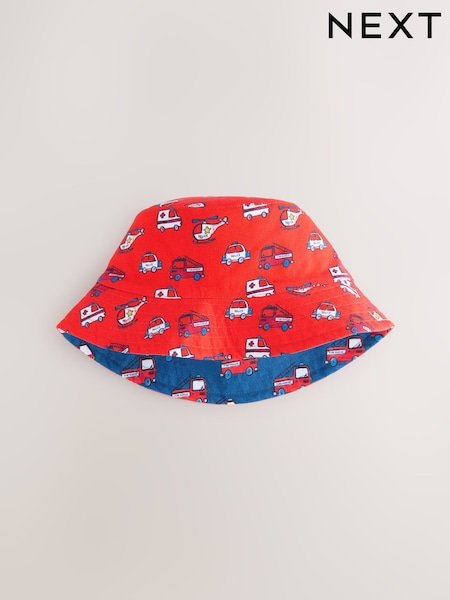 Red/Blue Emergency Vehicles Print Reversible Bucket 100% Cotton Hat (3mths-10yrs) (AJ7938) | €11 - €13