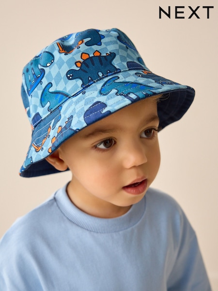 Blue Dinosaur Print Reversible Bucket 100% Cotton Hat (3mths-10yrs) (AJ7942) | €11 - €14