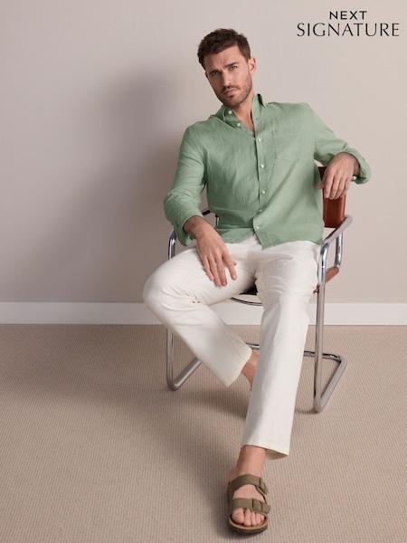 Mint Green Signature 100% Linen Long Sleeve Shirt (AJ7984) | R$ 385