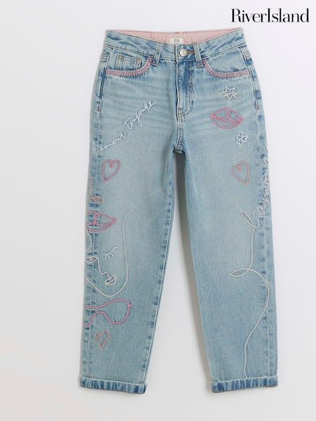 River Island Blue Mom Girls Embroidered 100% Cotton Jeans (AJ8027) | € 22