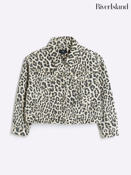 River Island Brown Girls Leopard Print 100% Cotton Denim Jacket (AJ8029) | €21.50