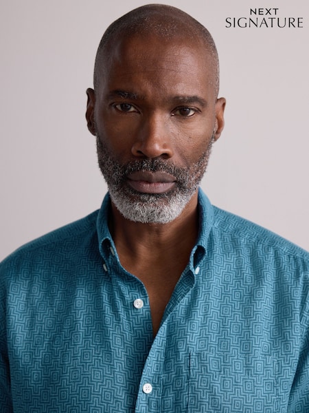 Blue Signature Printed Long Sleeve 100% Linen Shirt (AJ8067) | R$ 400
