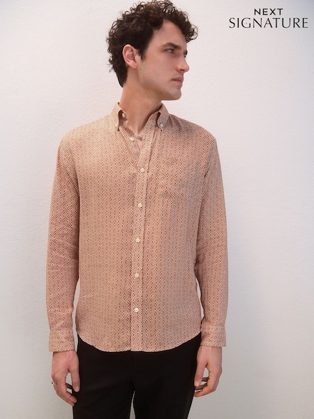 Rust Brown Signature Printed Long Sleeve 100% Linen Shirt (AJ8070) | R$ 400