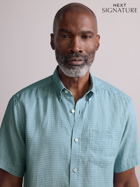Blue Signature 100% Linen Printed Short Sleeve Shirt (AJ8071) | €46