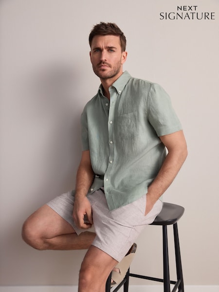 Mint Green Signature 100% Linen Short Sleeve Shirt (AJ8072) | €41