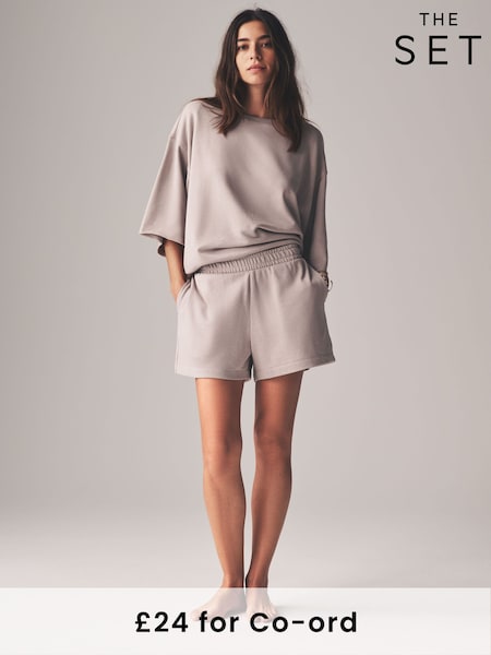 Бежевый розовый - The Set Short Sleeved Loopback Sweatshirt and Jogger Shorts Set (AJ8129) | €32