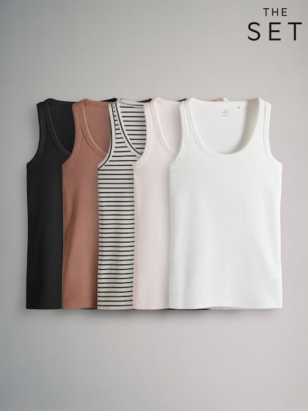 The Set Black/Rust/Cream/Peach Pink/Ecru Stripe 5 Pack Ribbed Scoop Neck Vests (AJ8135) | CA$64