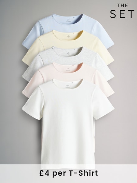 Pastel Vaaleanpunainen/Keltainen/Pastel Sininen/Grey Marl/Cream - The Set 5 Pack Fitted Pyöreä kaula-aukko t-paidat (AJ8149) | €32