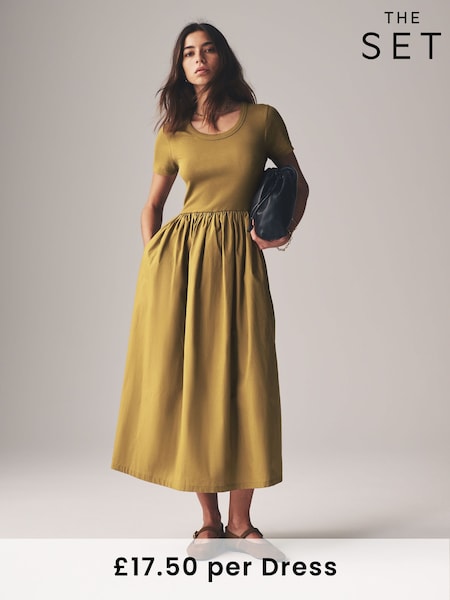 The Set Green/Black 2 Pack Ribbed Short Sleeve Jersey Woven Mix Midi Dresses (AJ8168) | €55