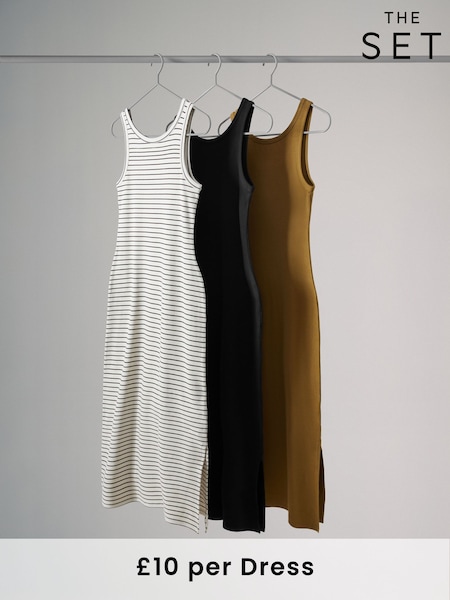 The Set Black/Khaki Green/Neutral Stripe Scoop Neck Ribbed Vest Midi Dress 3 Pack (AJ8169) | €37