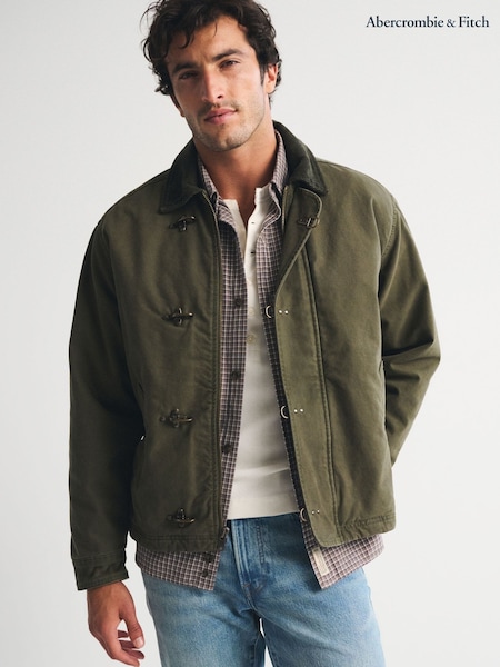 Green - Regular Abercrombie & Fitch Fireman Clasp Canvas Worker Jacket