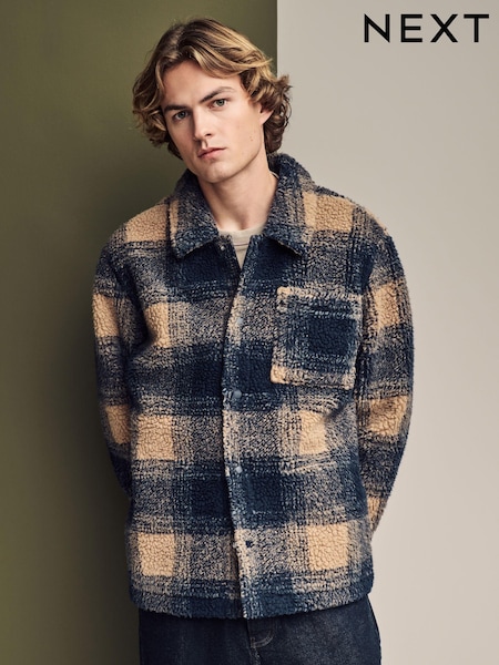 Ecru/ Navy Blue Printed Fleece Shacket (AJ8275) | R$ 480
