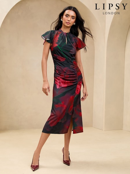 Negro floral - Lipsy Short Sleeve Ruched Keyhole Fit And Flare Midi Dress (AJ8335) | 110 €