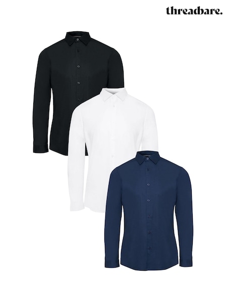 Threadbare Blue Cotton Poplin Long Sleeve Shirts 3 Pack With Stretch (AJ8520) | €86