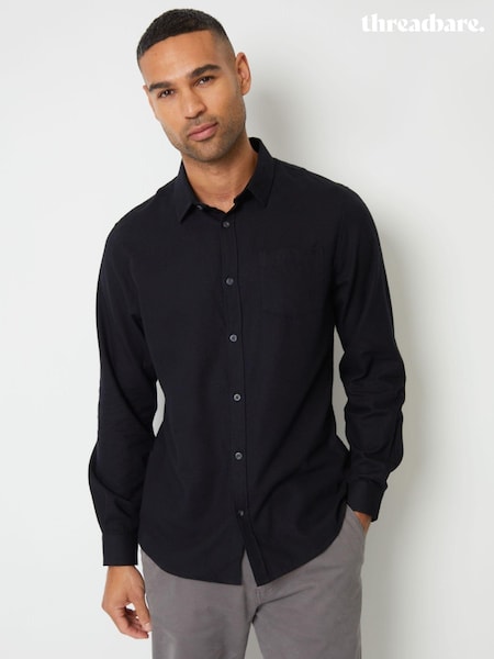 Negru - Threadbare Brushed Mânecă lungă Flanel 100% Cotton Cămăși (AJ8537) | 125 LEI