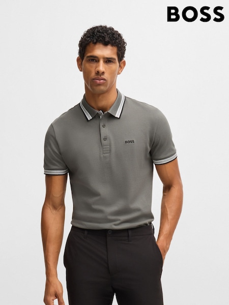BOSS Grey 100% Cotton Piqué Contrast Logo Paddy Polo Shirt (AJ8557) | €79