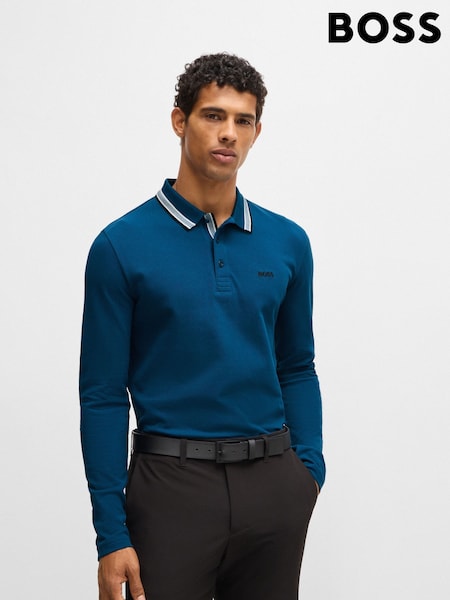 BOSS Blue Contrast Logo Piqué 100% Cotton Polo Shirt (AJ8558) | 281 QAR