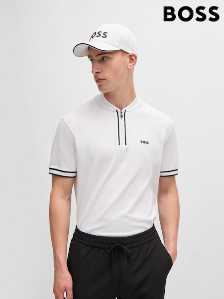 BOSS White Stretch Cotton Piqué Quarter Zip Polo Shirt (AJ8587) | AED693
