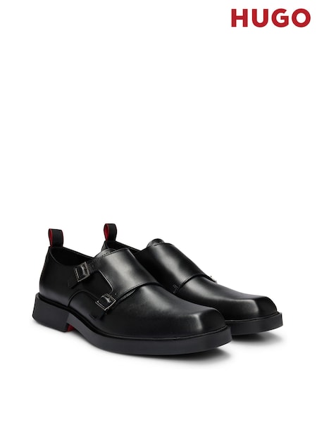 HUGO Black Double Strap Monk Shoes In Leather (AJ8656) | €175