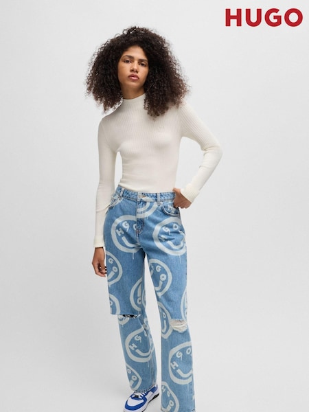 HUGO White Mock Neck Sweater With Embroidered Smiley Face Logo (AJ8667) | €76