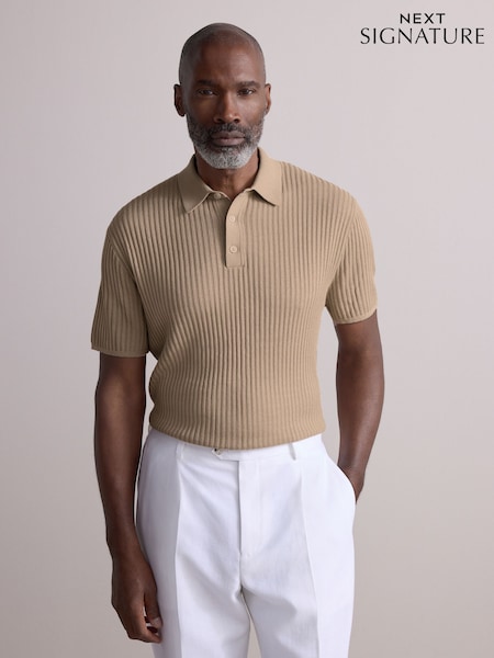 Neutral Regular Fit Silk Rich Signature Short Sleeve Rib Texture Knit Polo Shirt (AJ8699) | €52