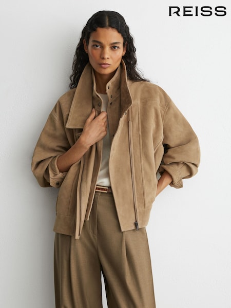 لون محايد - Reiss Noa Suede Double-layer Relaxed-fit Jacket