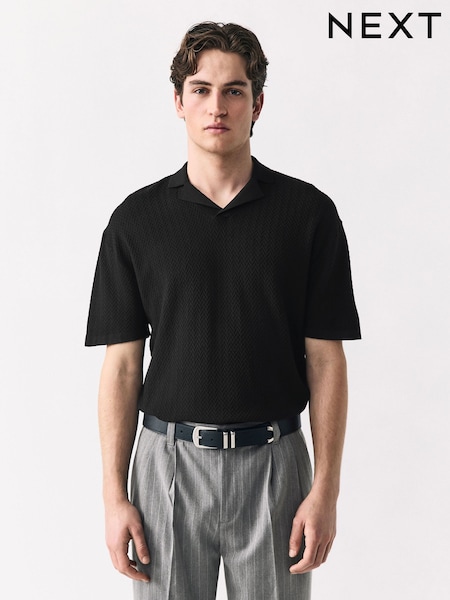 Black Relaxed Fit Premium Short Sleeve Textured Trophy Neck Polo Shirt (AJ8703) | AED149