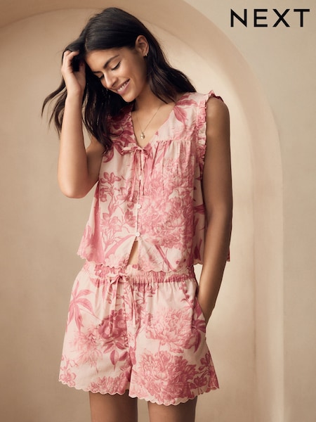 Pink Floral Kew Collection 100% Cotton Tie Front Short Set Pyjamas (AJ8704) | AED159