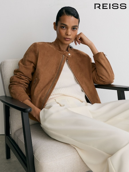 Cognac Brown - Reiss Erin Suede Stand-collar Jacket