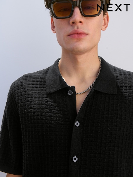 Black Relaxed Fit 100% Cotton Short Sleeve Textured Knit Button-Through Polo Shirt (AJ8707) | 1,188 UAH