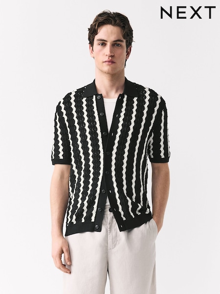 Чорно-білий - Regular Fit 100% Cotton Short Sleeve Vertical Stripe Knit Button-Through Polo Shirt (AJ8708) | 1 337 грн