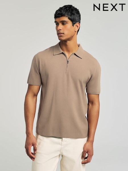Truffle Brown Relaxed Fit Premium Short Sleeve Knit Quarter Zip Polo Shirt (AJ8709) | $55