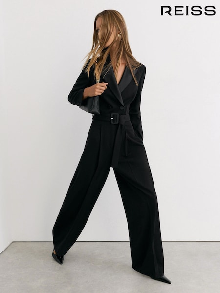 Black - Reiss Remi Tuxedo Wide-leg Belted Jumpsuit