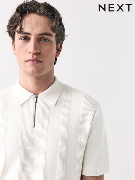 White Regular Fit Cotton Rich Textured Knit Quarter Zip Polo Shirt (AJ8713) | €30