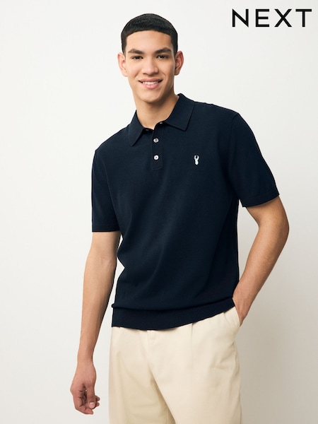 Navy Blue Stag Logo Regular Fit Cotton Rich Short Sleeve Knit Polo Shirt (AJ8714) | €27