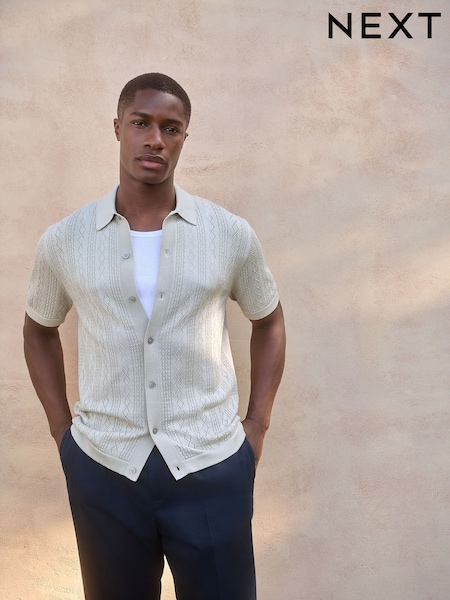 رمادي فاتح - Regular Fit Silk Rich Signature Short Sleeve Pointelle Knit Button-Through Polo Shirt (AJ8715) | ‏210 د.إ.‏