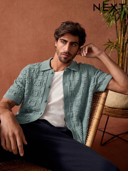 أزرق فاتح - Relaxed Fit Cotton Rich Short Sleeve Flower Crochet Knit Button-Through Polo Shirt (AJ8722) | ‏157 د.إ.‏