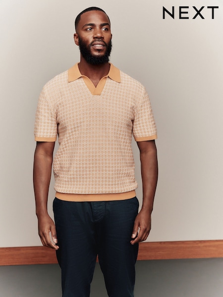 Yellow/White Regular Fit 100% Cotton Short Sleeve Geometric Pattern Knit Trophy Polo Shirt (AJ8725) | 158 QAR