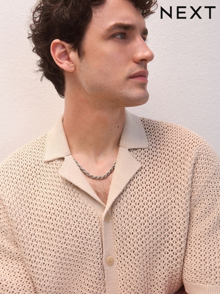 Neutral Relaxed Fit 100% Cotton Crochet Knitted Shirt with Cuban Collar (AJ8727) | €51