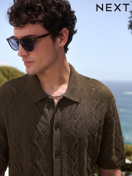 Khaki Green Relaxed Fit Cotton Rich Short Sleeve Bouclé Pattern Knit Button-Through Polo Shirt (AJ8734) | 1,337 UAH