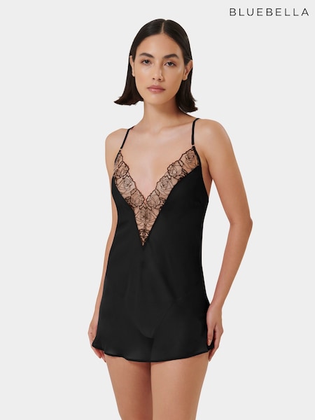 שחור - Bluebella Rosalie Short Plunge Satin And Rose Embroidered Chemise (AJ8780) | ‏246‏₪