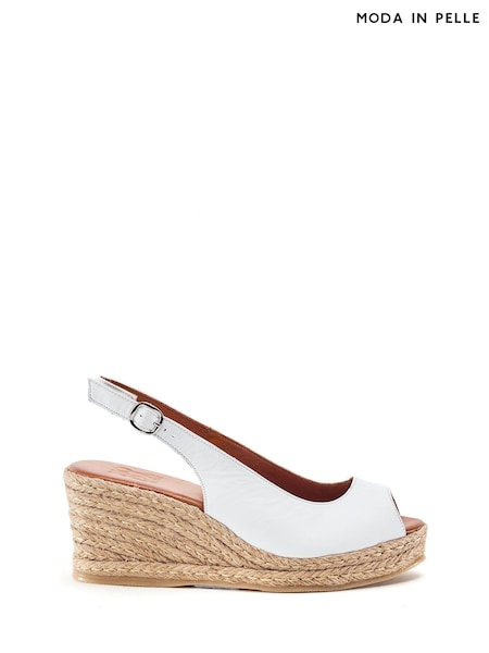أبيض - Moda In Pelle Karisa Leather Peep Toe Raffia Wedge Sandals