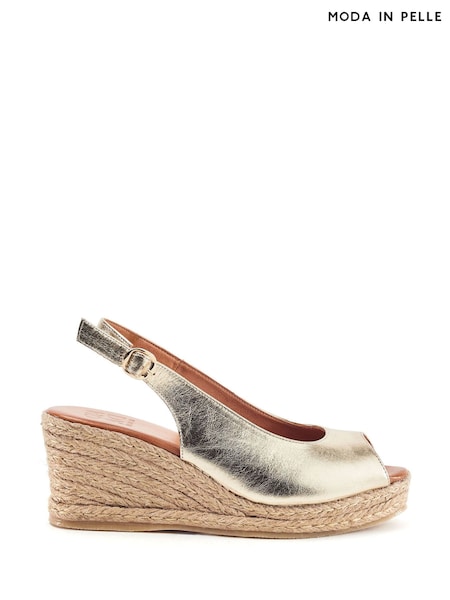 Gold - Moda In Pelle Karisa Leather Peep Toe Raffia Wedge Sandals