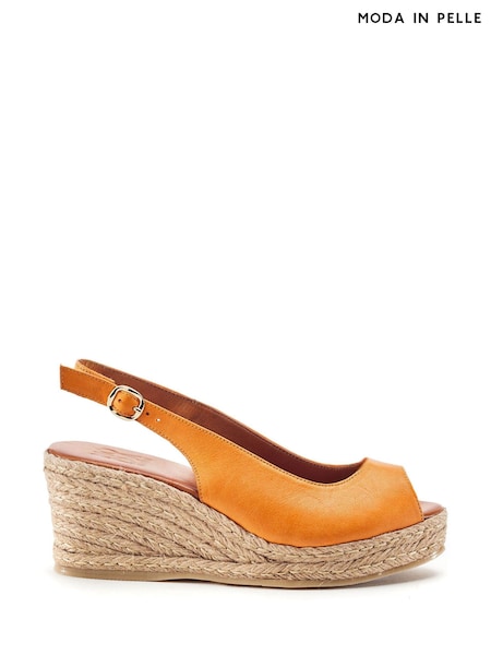 Orange - Moda In Pelle Karisa Leather Peep Toe Raffia Wedge Sandals