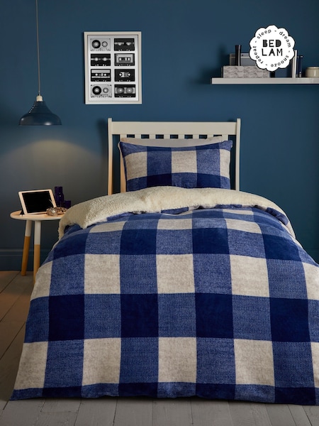 Bedlam Blue Cosy Theo Gingham Check Plush Duvet Cover Set (AJ9308) | $39 - $55