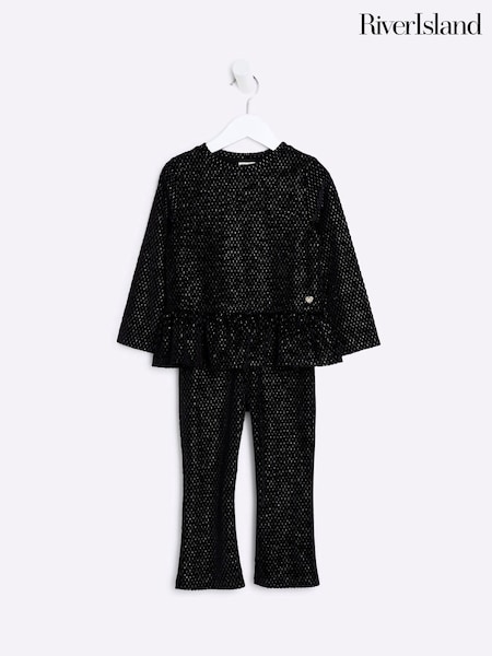 River Island Black Velvet Girls Peplum 100% Cotton Top and Trousers Set (AJ9527) | €28