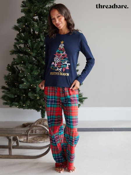 Threadbare Blue 100% Cotton Long Sleeve Christmas Check Pyjamas Set (AJ9536) | €22