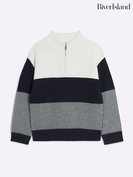 River Island Blue Boys Blocked Quarter Zip 100% Cotton Jumper (AJ9601) | €29 - €31